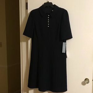 London Times Short Sleeve Navy Collared Dress with Faux Pearl Buttons